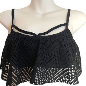 Malibu Lace Ruffle Flounce Flowy Braided Flowy Black Bikini Top M Boho Tribal